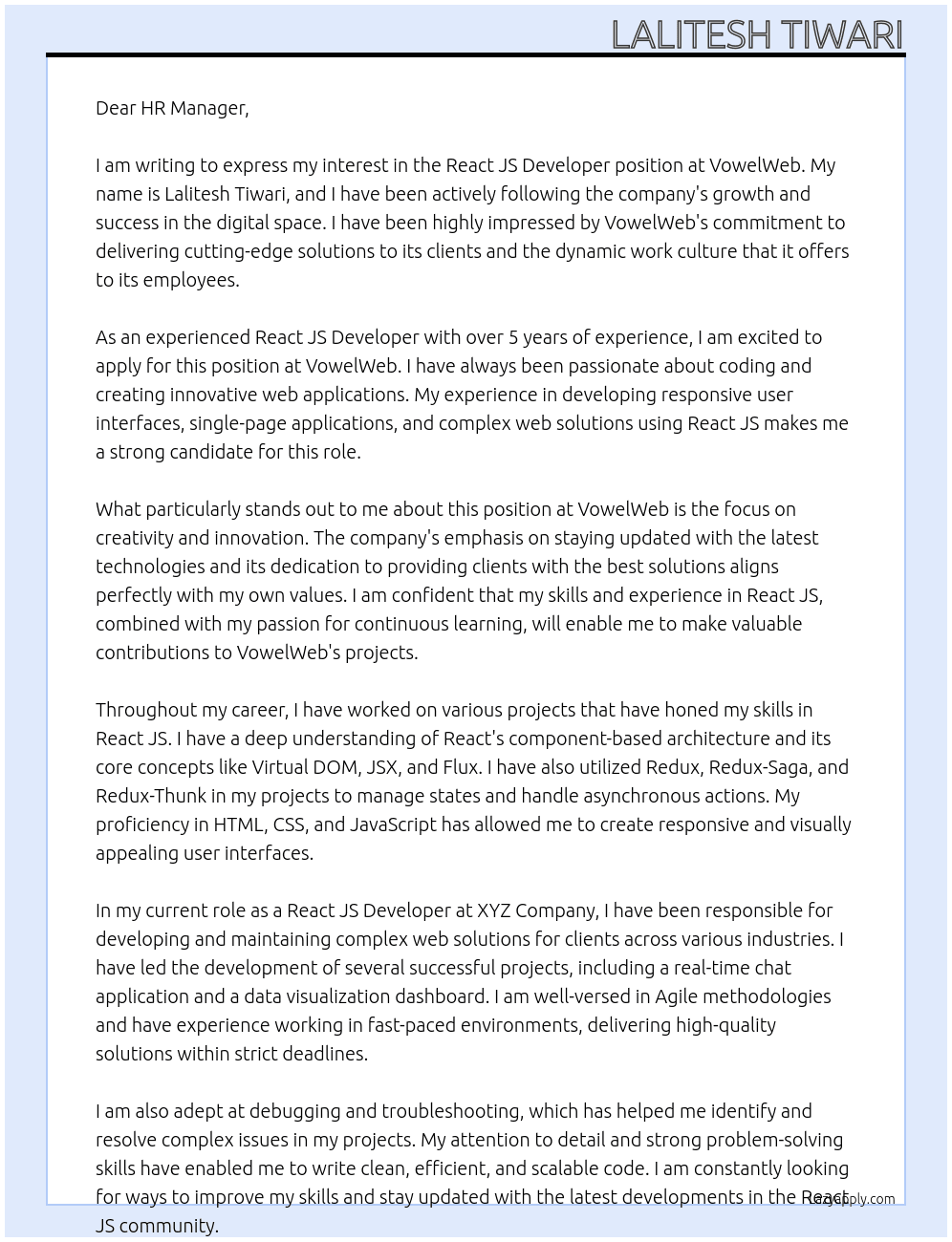 React JS Developer At VowelWeb Cover Letter