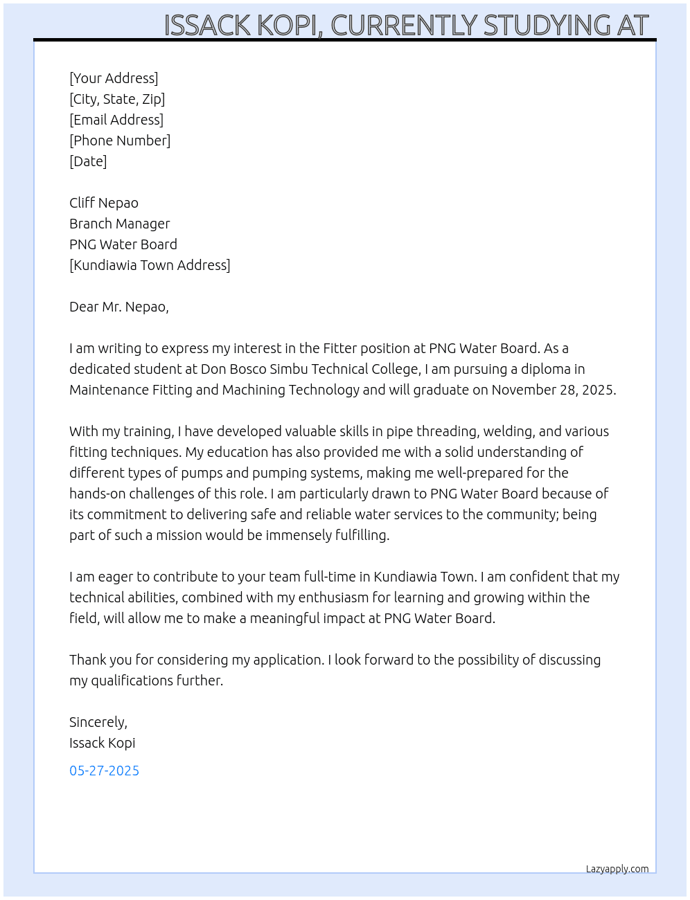 Fitter  (without advertising) At PNG Water board  Cover Letter