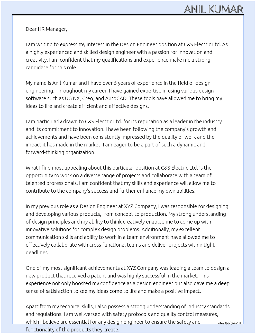 Design engineer  At C&S Electric Ltd. Cover Letter