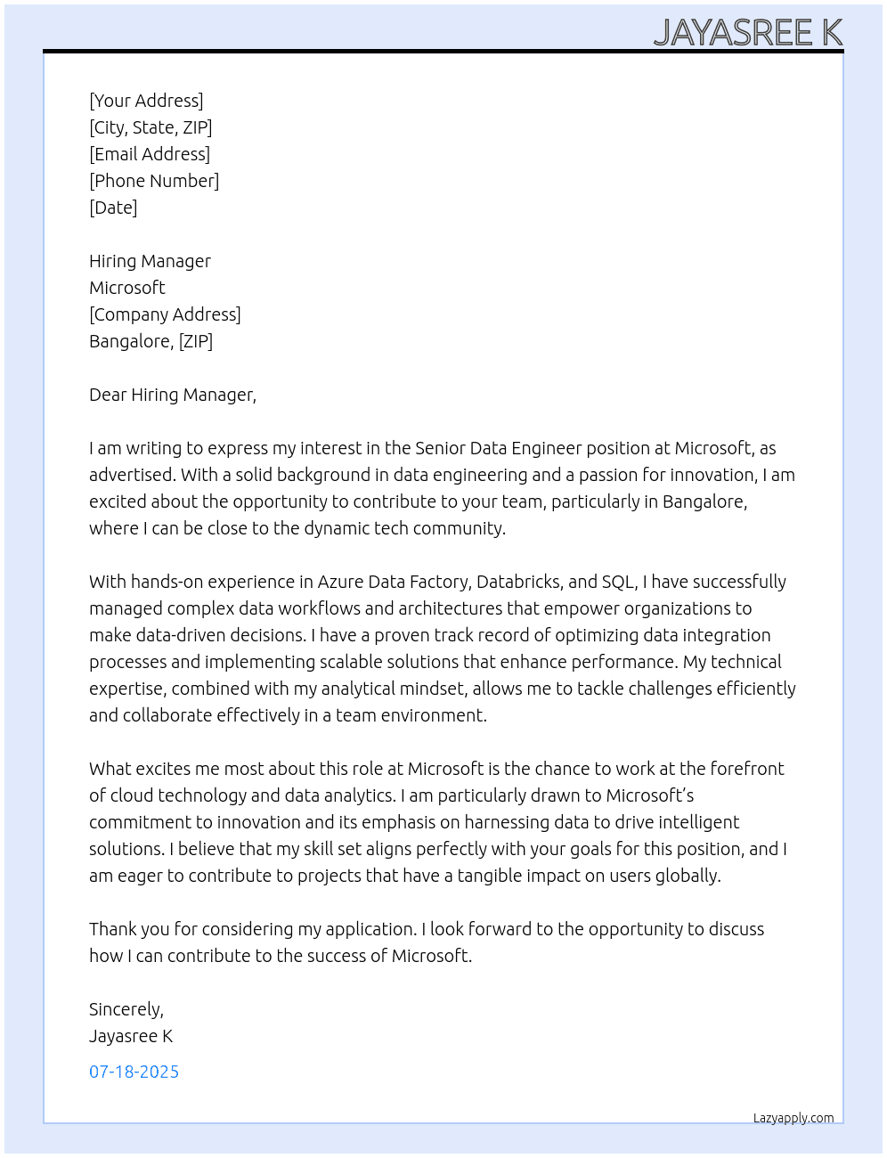 Senior Data Engineer At Microsoft Cover Letter
