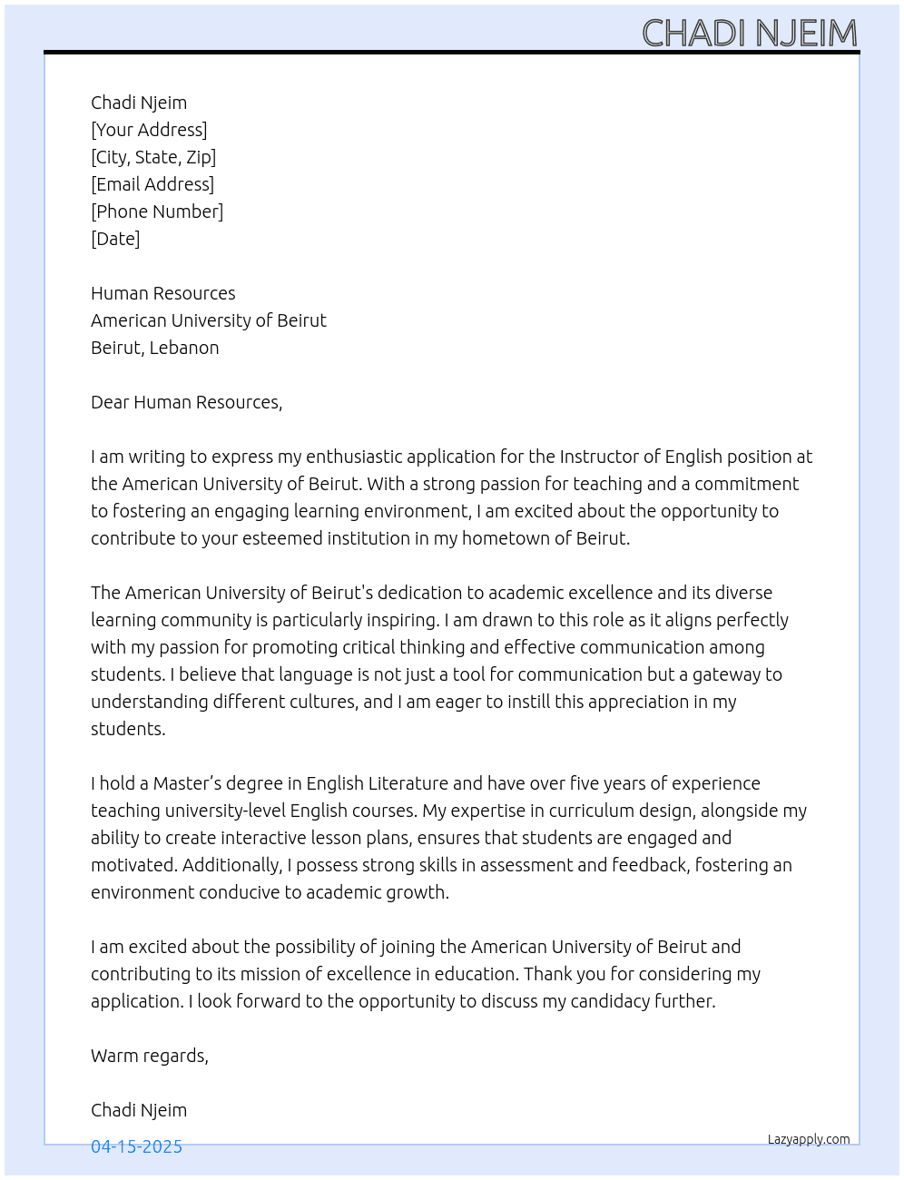Cover letter for instructor of english - LazyApply
