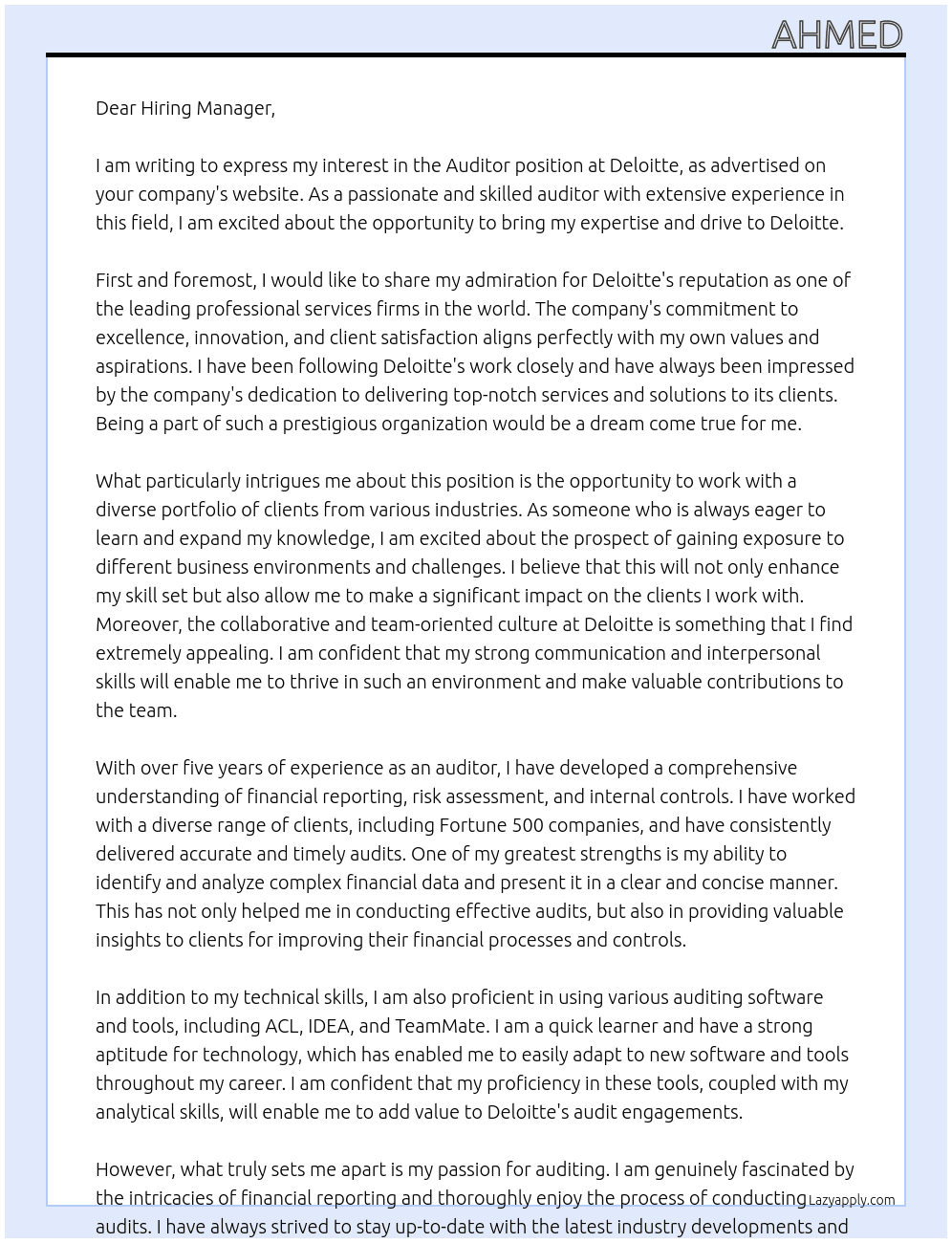 auditor At Deliotte Cover Letter