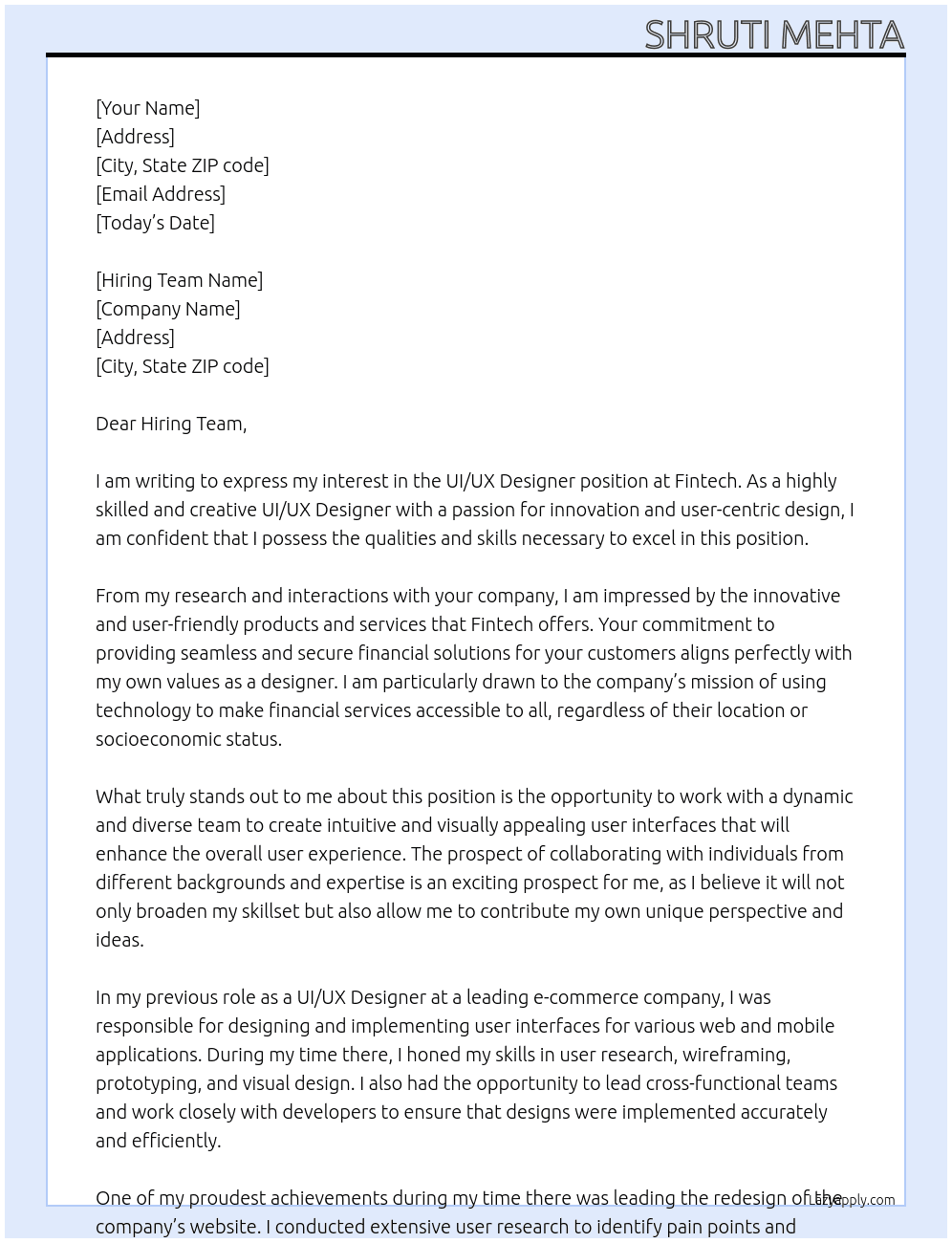UI/UX Designer At Fintech Cover Letter