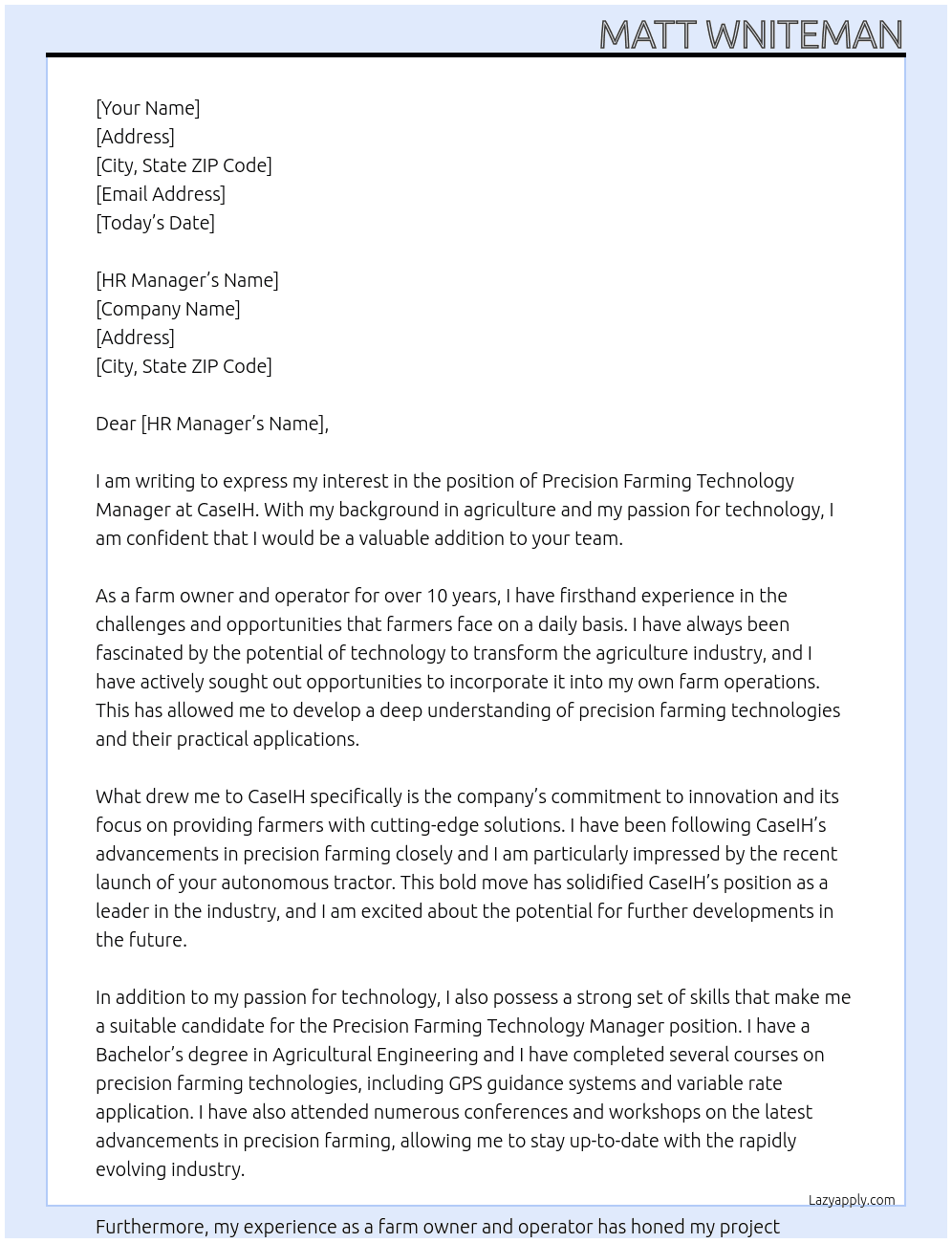 Precision Farming Technology Manager At caseih Cover Letter