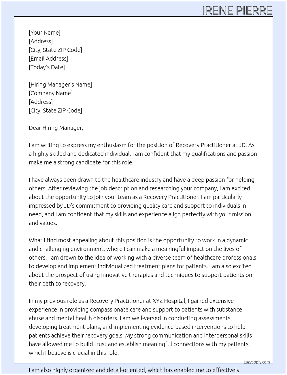 Recovery Practitioner At JD Cover Letter