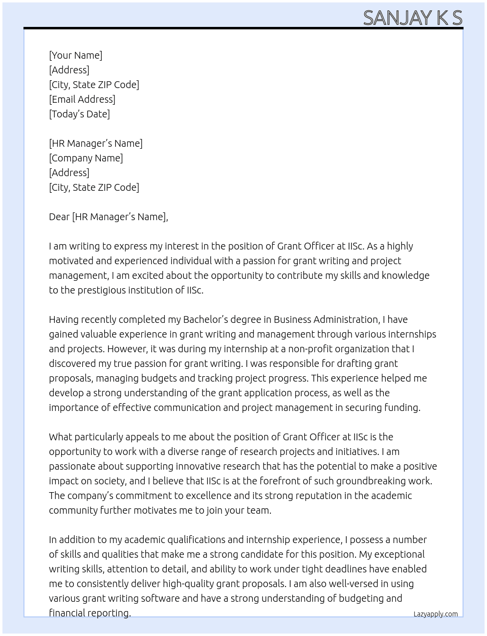 Grant Officer At IISc Cover Letter