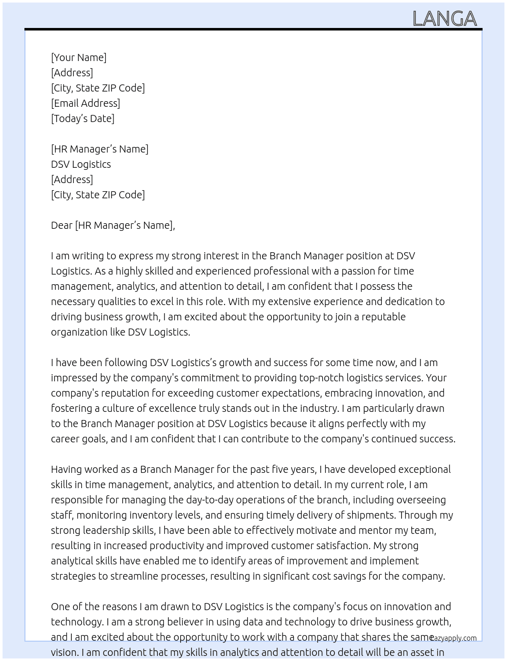 Branch Manager  At DSV logistics  Cover Letter