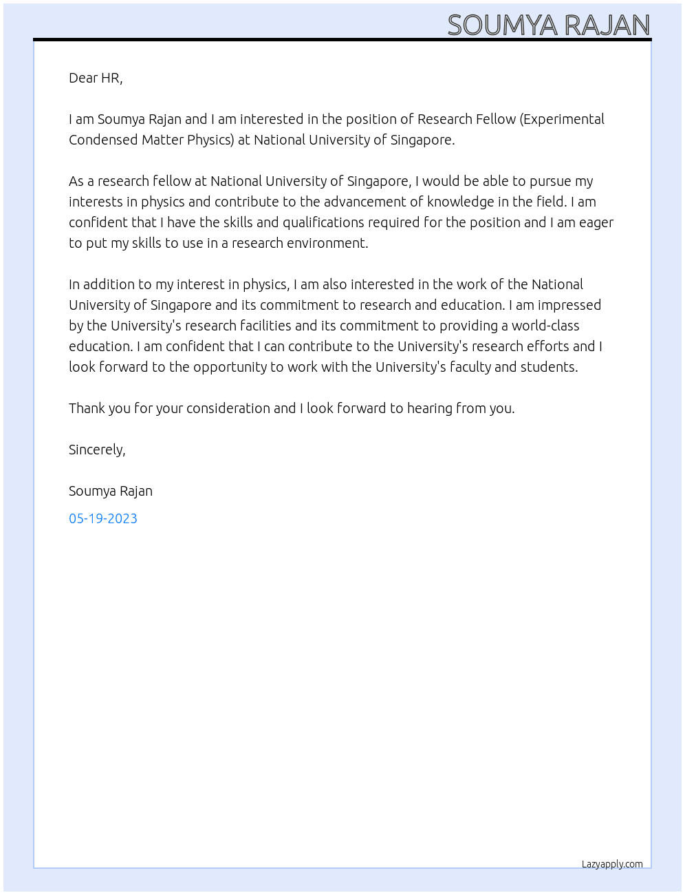 Research Fellow (Experimental Condensed Matter Physics At National University of Singapore  Cover Letter