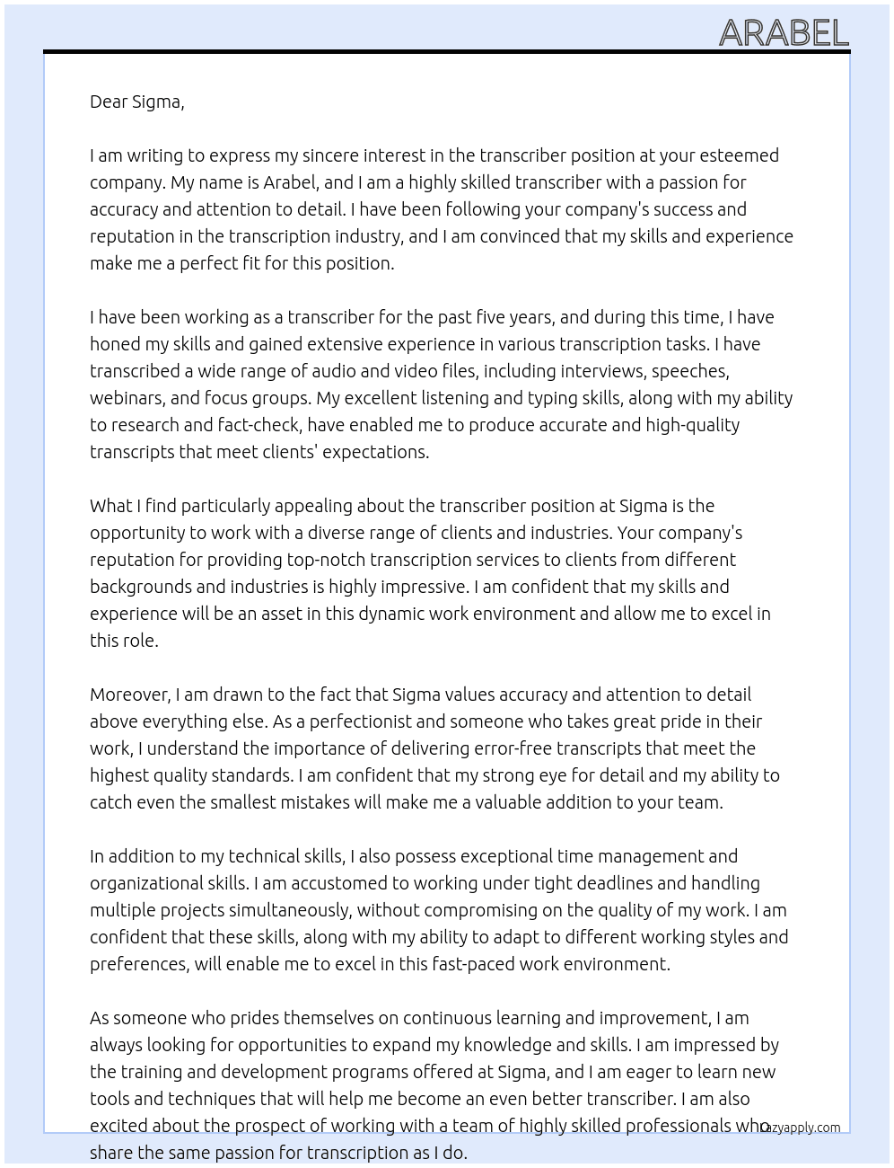 transcriber At sigma Cover Letter