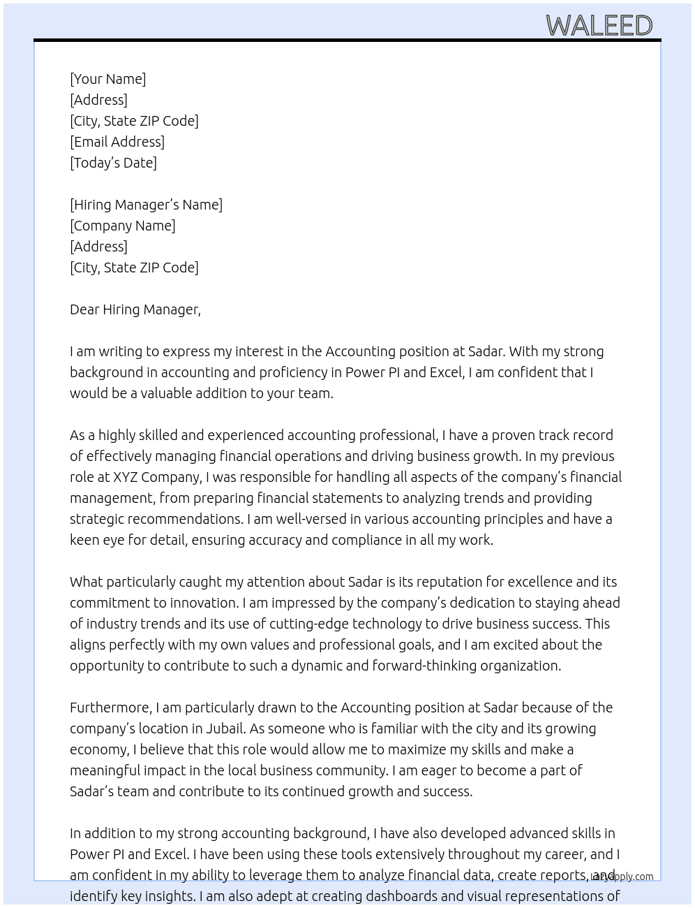 Accounting  At Sadar Cover Letter