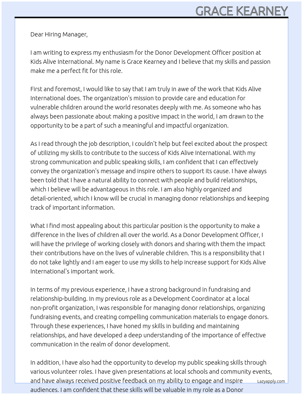 Donor Development Offier At Kids Alive International Cover Letter