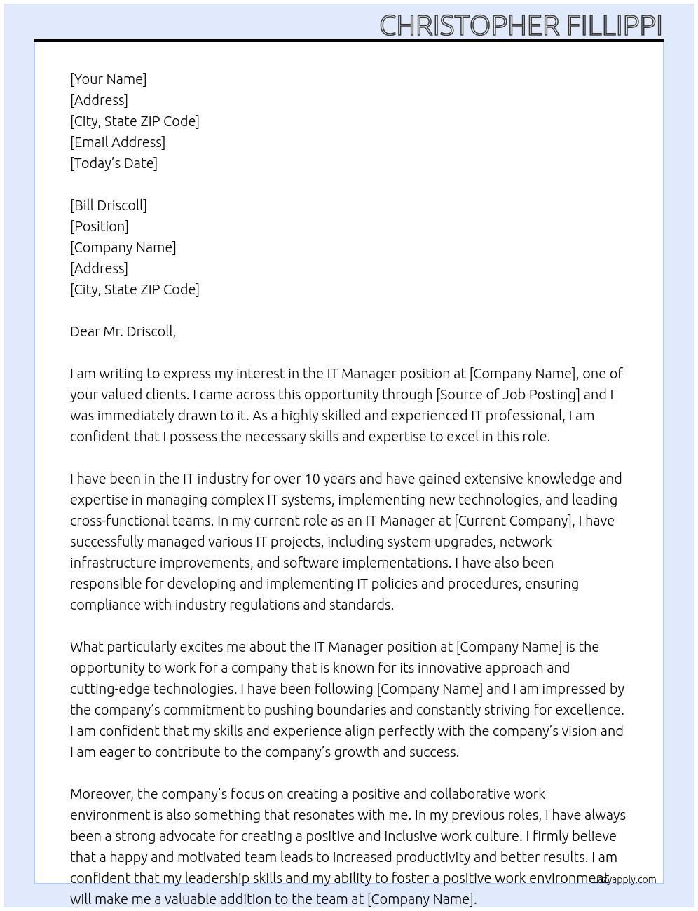 IT Manager At One of your clients Cover Letter