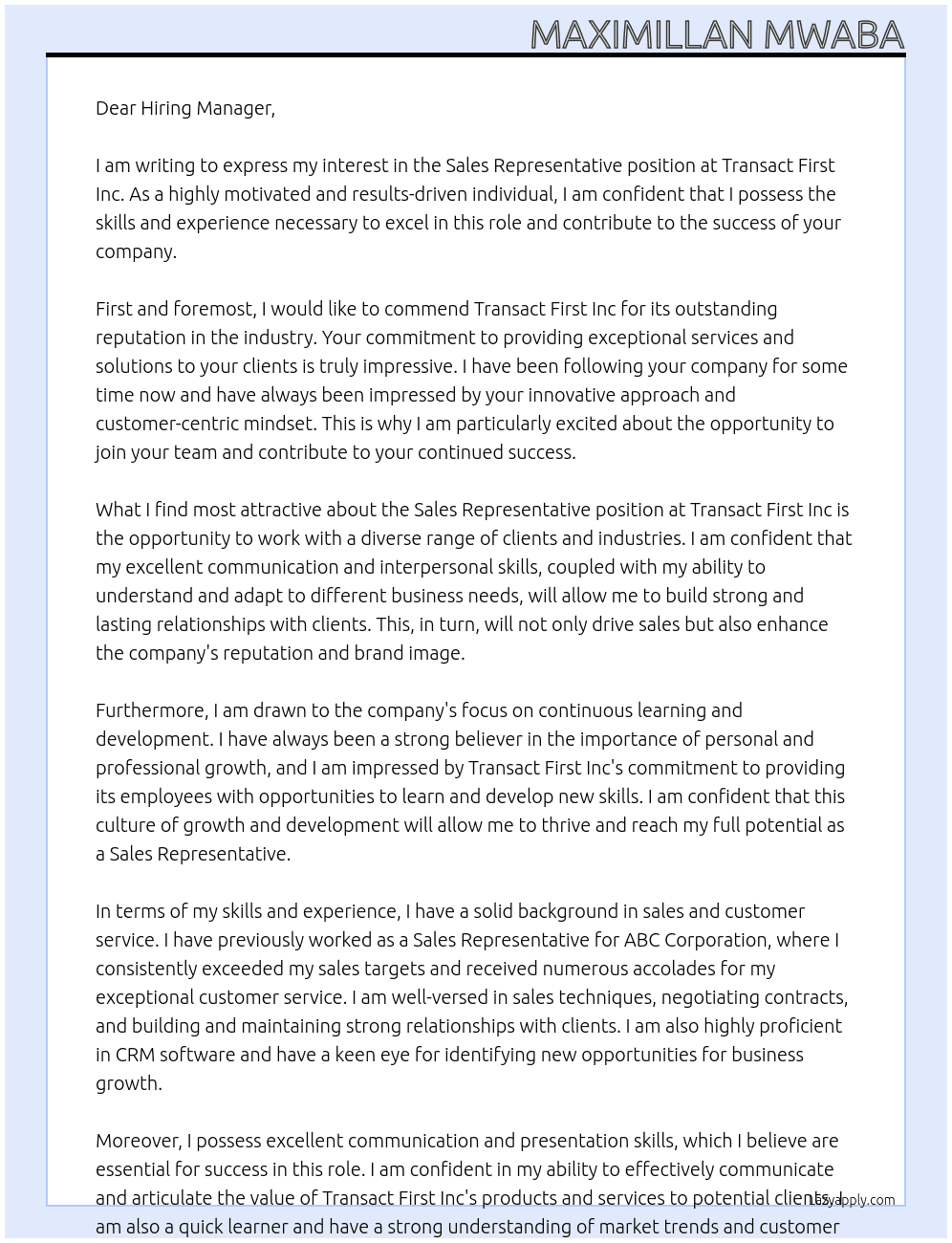 Sales representative At Transact First Inc: Cover Letter