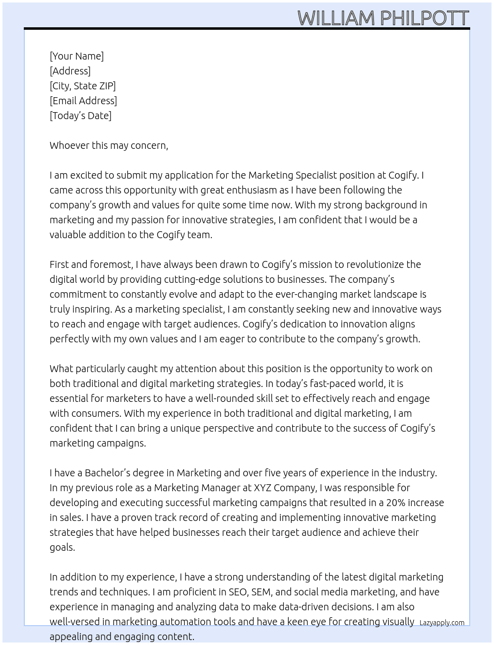 Marketing Specialist At Cogify Cover Letter