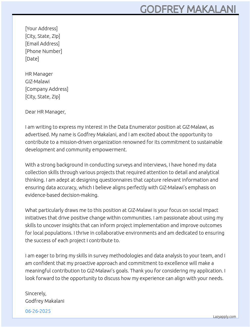 Data enumerator  At GIZ-Malawi Cover Letter