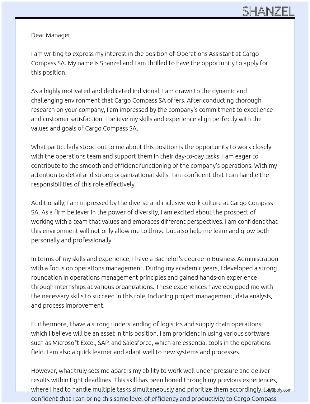 Operations assistant At Cargo compass SA Cover Letter