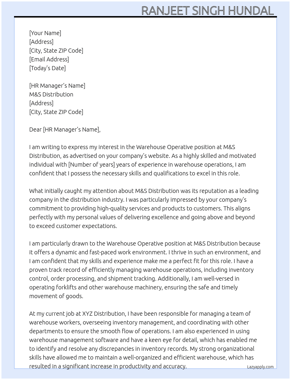 Warehouse operative  At M&s distribution  Cover Letter