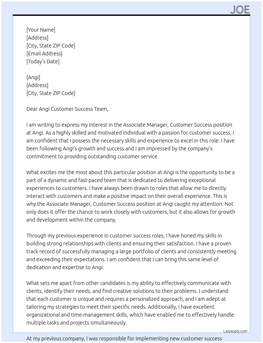 Associate Manager, Customer Success At Angi Cover Letter