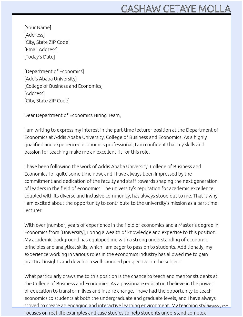 Part time Lecturer At Addis Ababa University, College of Bussines and Economics Cover Letter