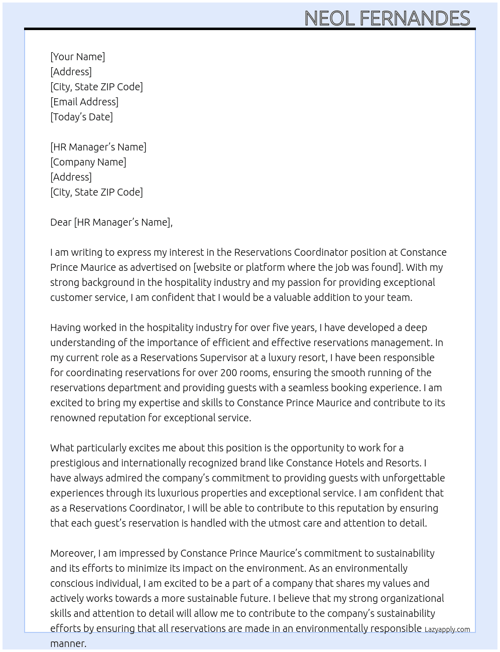 Reservations coordinator At Constance Prince Maurice Cover Letter