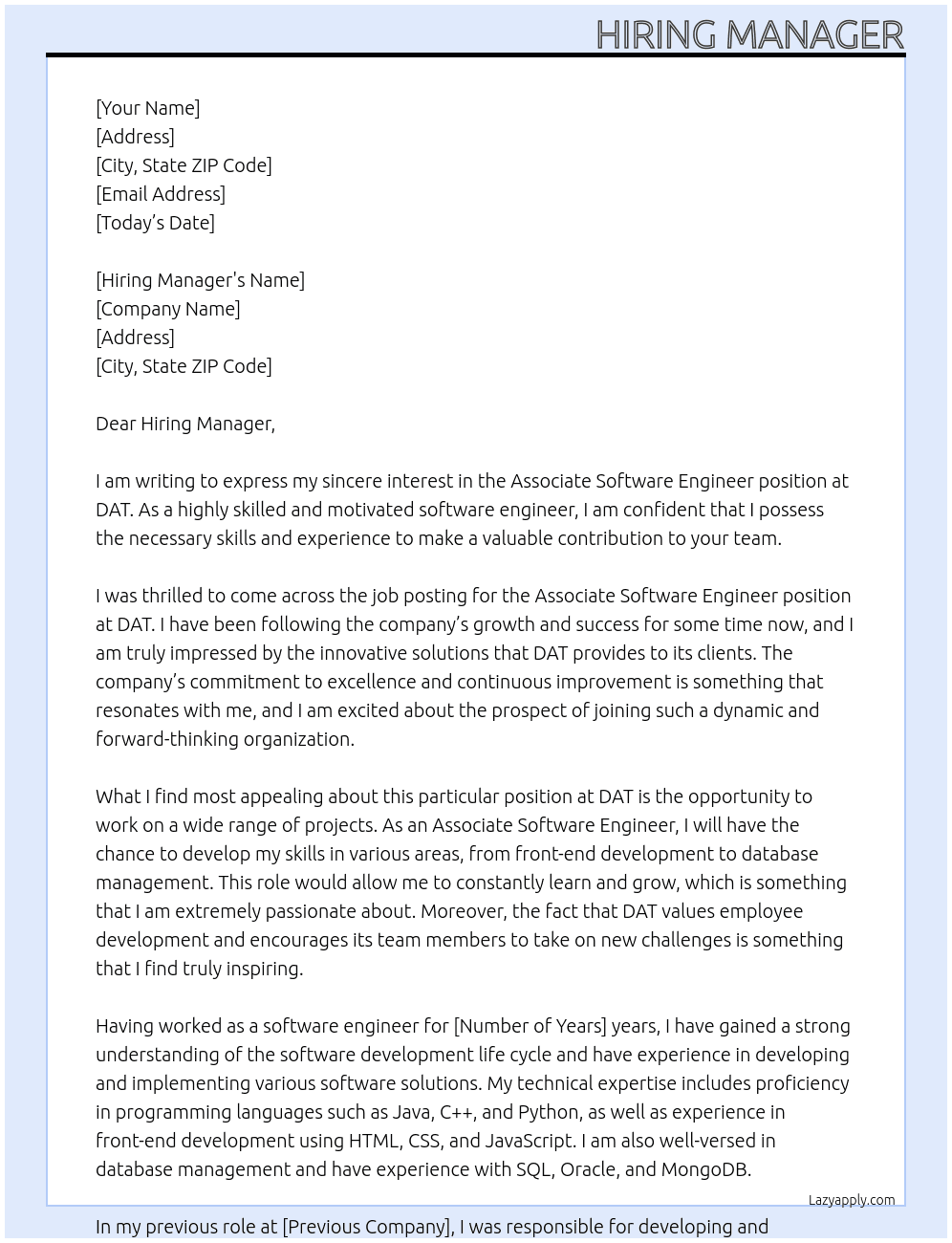 Associate Software Engineer At DAT Cover Letter