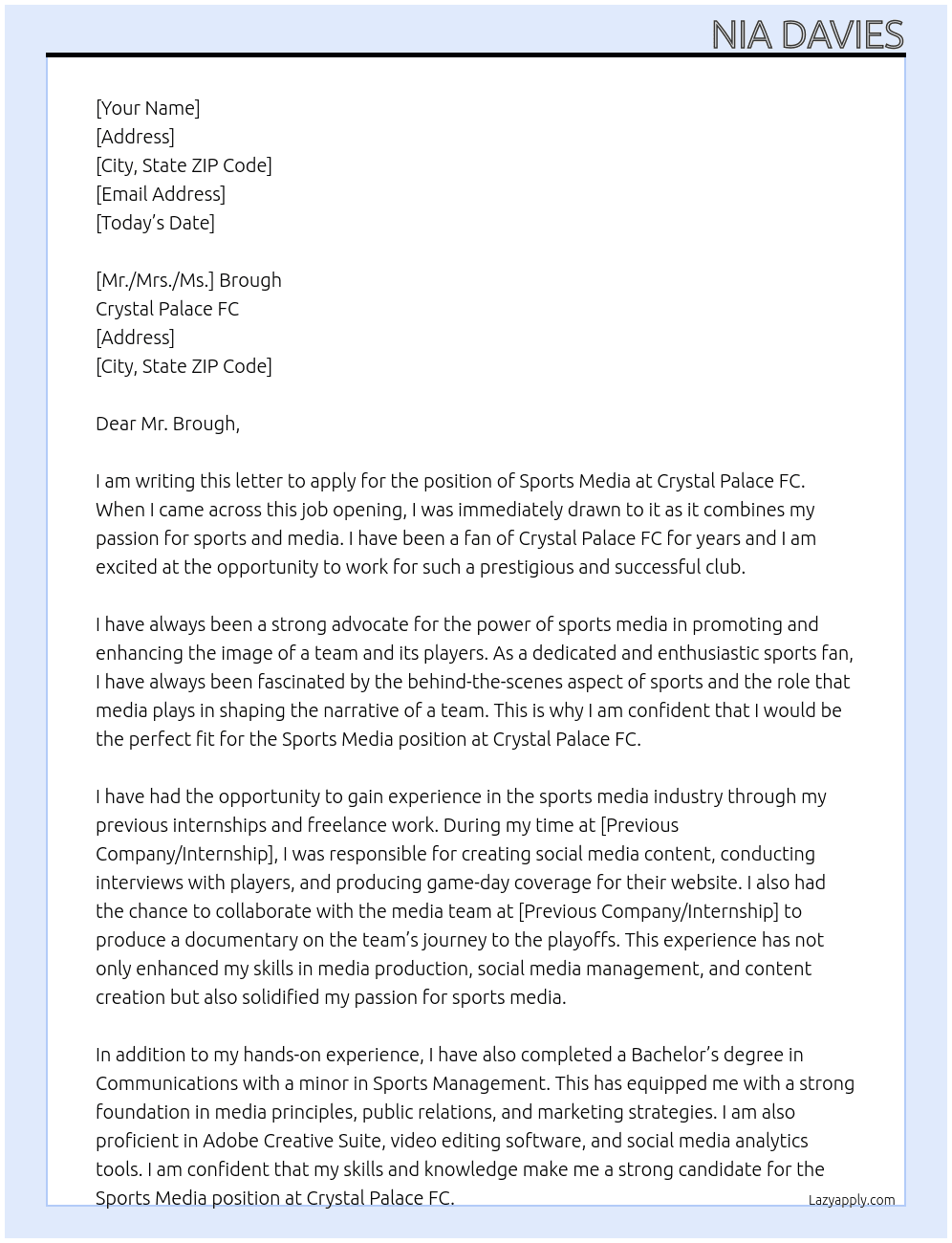 Sports Media At Crystal Palace FC Cover Letter