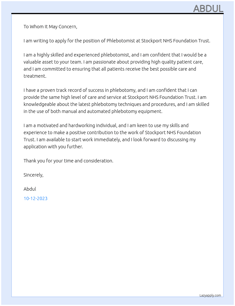 Phlebotomist At Stockport NHS Foundation Trust Cover Letter