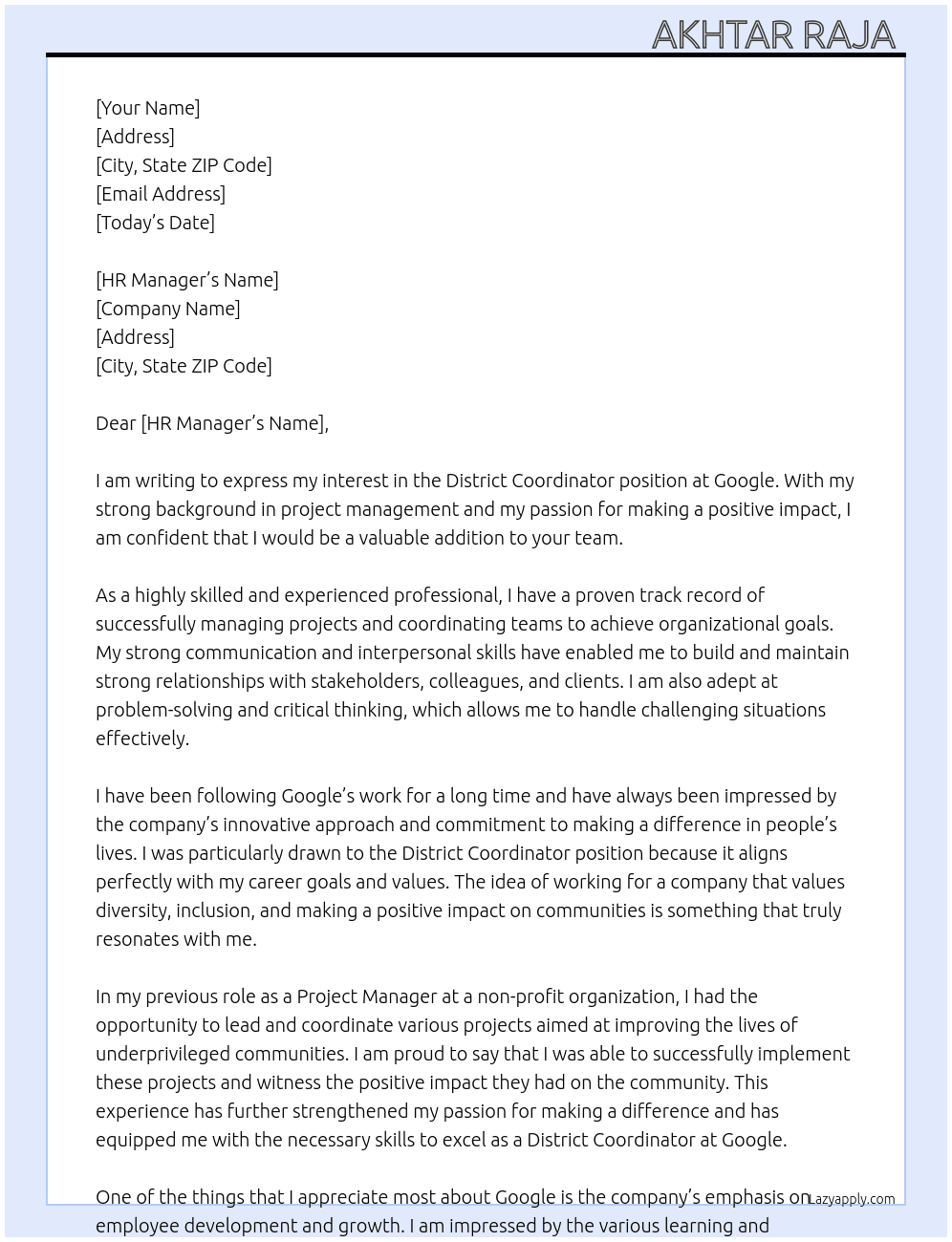 DISTRICT COORDINATOR  At Google  Cover Letter