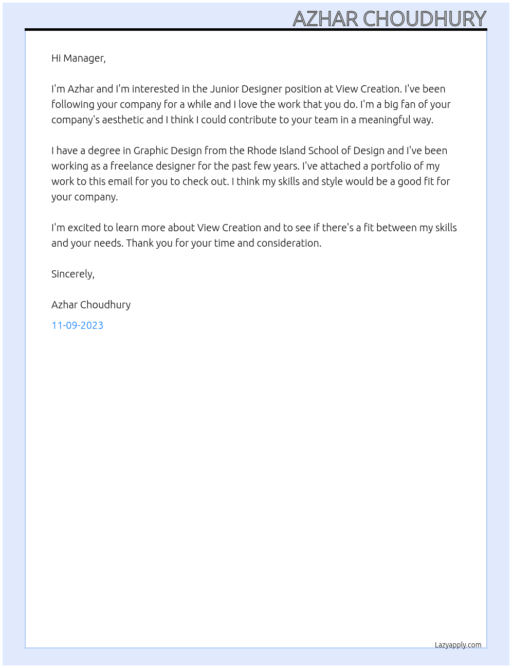 Junior designer  At View creation Cover Letter