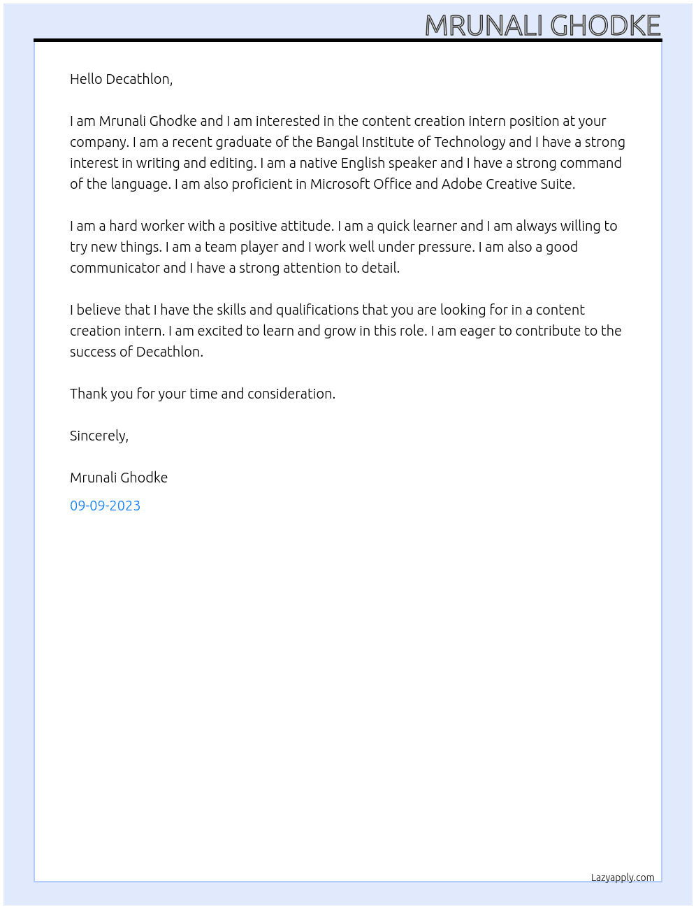 Content creation intern At Decathlon  Cover Letter
