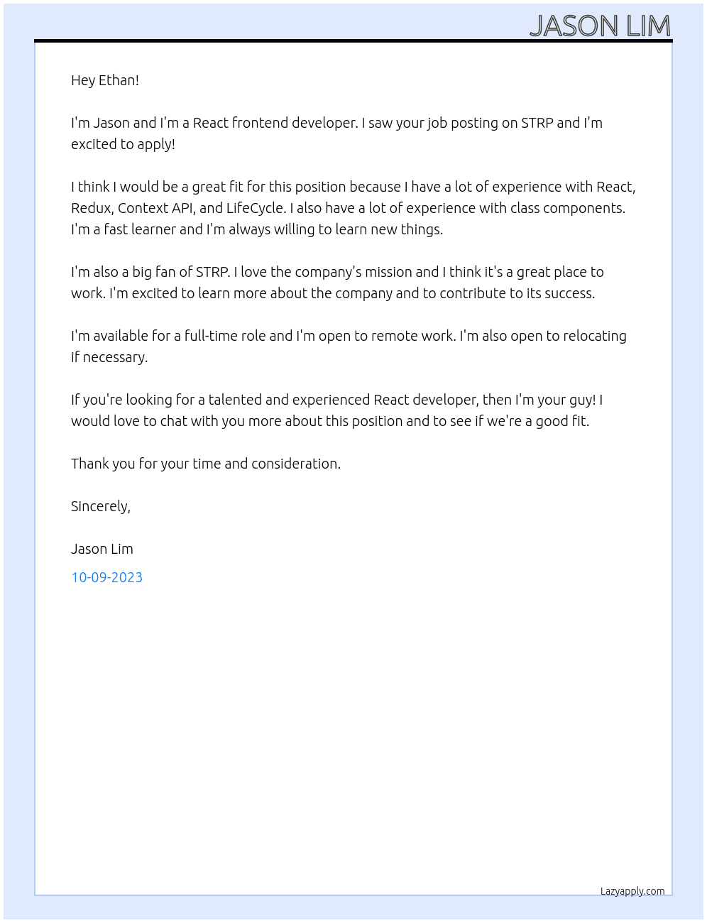 React Frontend developer At STRP Cover Letter