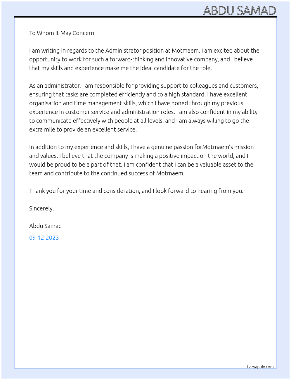 Administrator At Motmaem Cover Letter