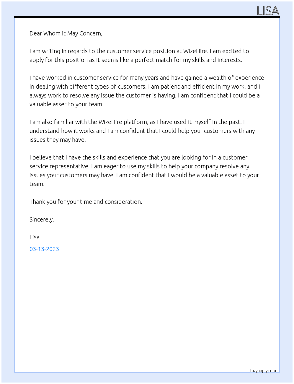 costumer service At wizehire Cover Letter