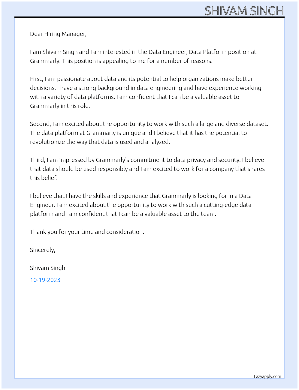 Data Engineer, Data Platform At grammerly Cover Letter
