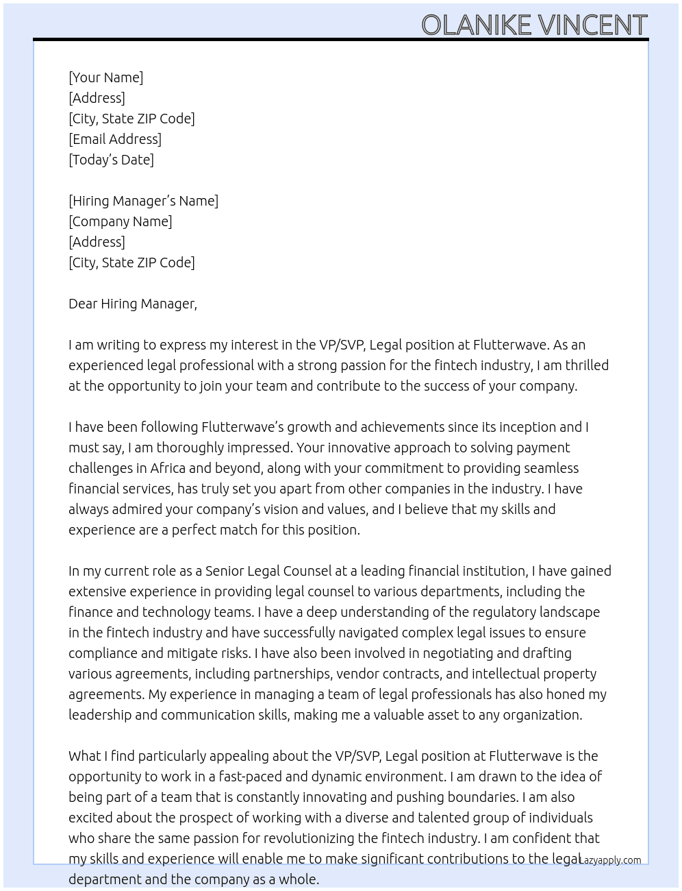 VP / SVP, Legal At Flutterwave Cover Letter