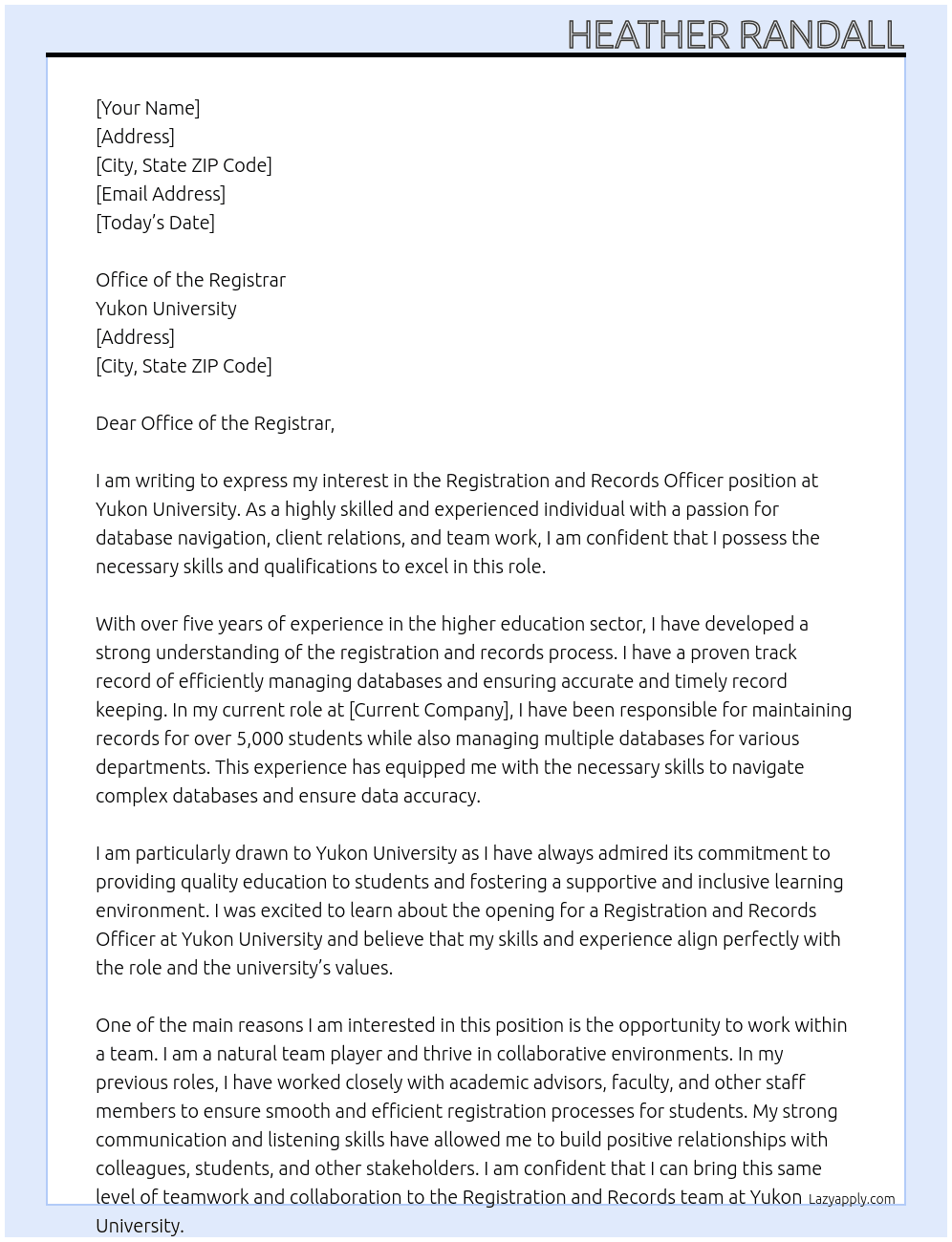 Registration and records officer At Yukon University Cover Letter