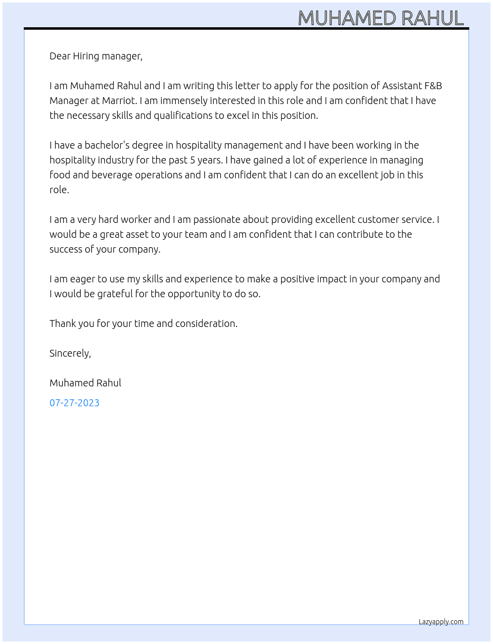 Assistant f&b manager At Marriot Cover Letter