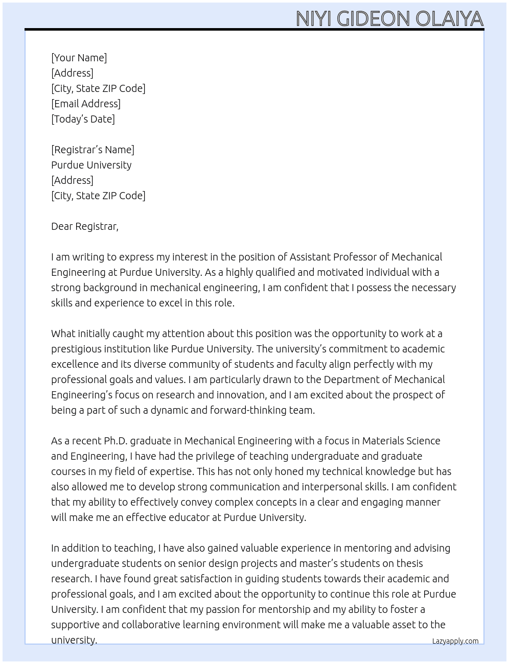 Assistant Professor of Mechanical Engineering At Purdue University  Cover Letter