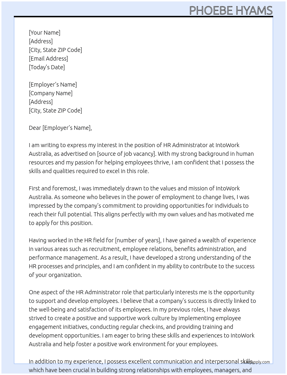 HR Administrator At IntoWork Australia Cover Letter