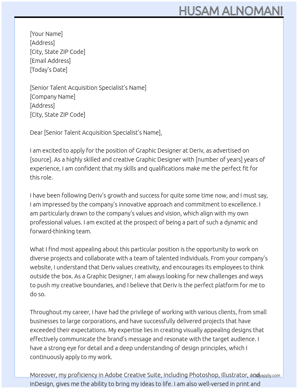 Graphic Designer At Deriv Cover Letter