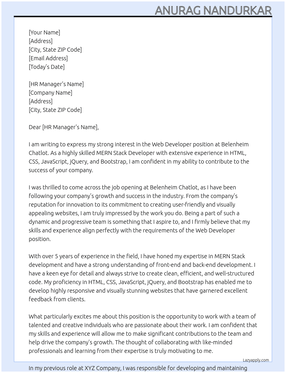 web devloper At belenheim chatlot Cover Letter