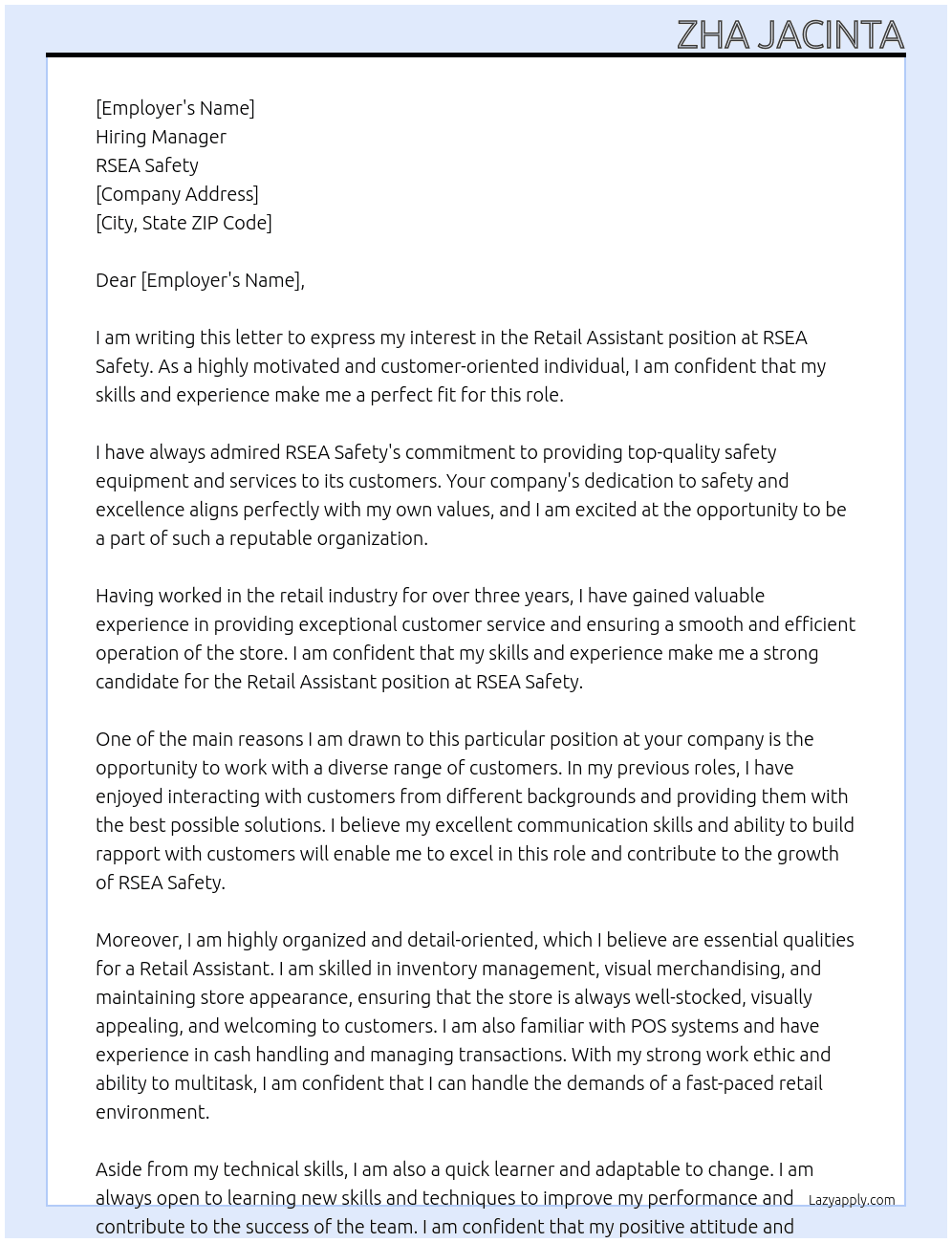 Retail Assistant At RSEA Safety Cover Letter