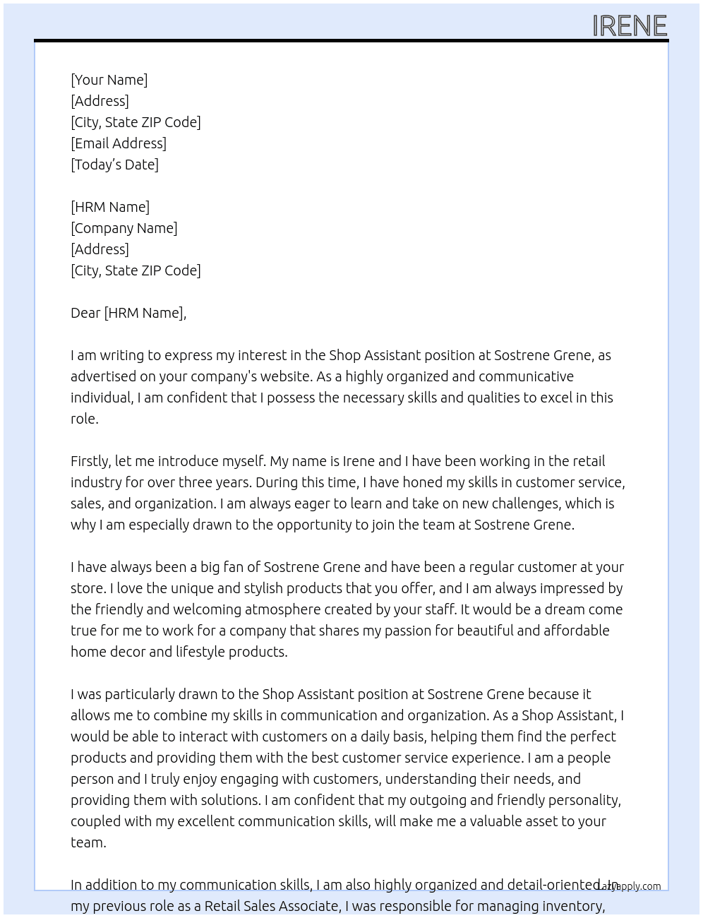shop assistant At sostrene grene Cover Letter