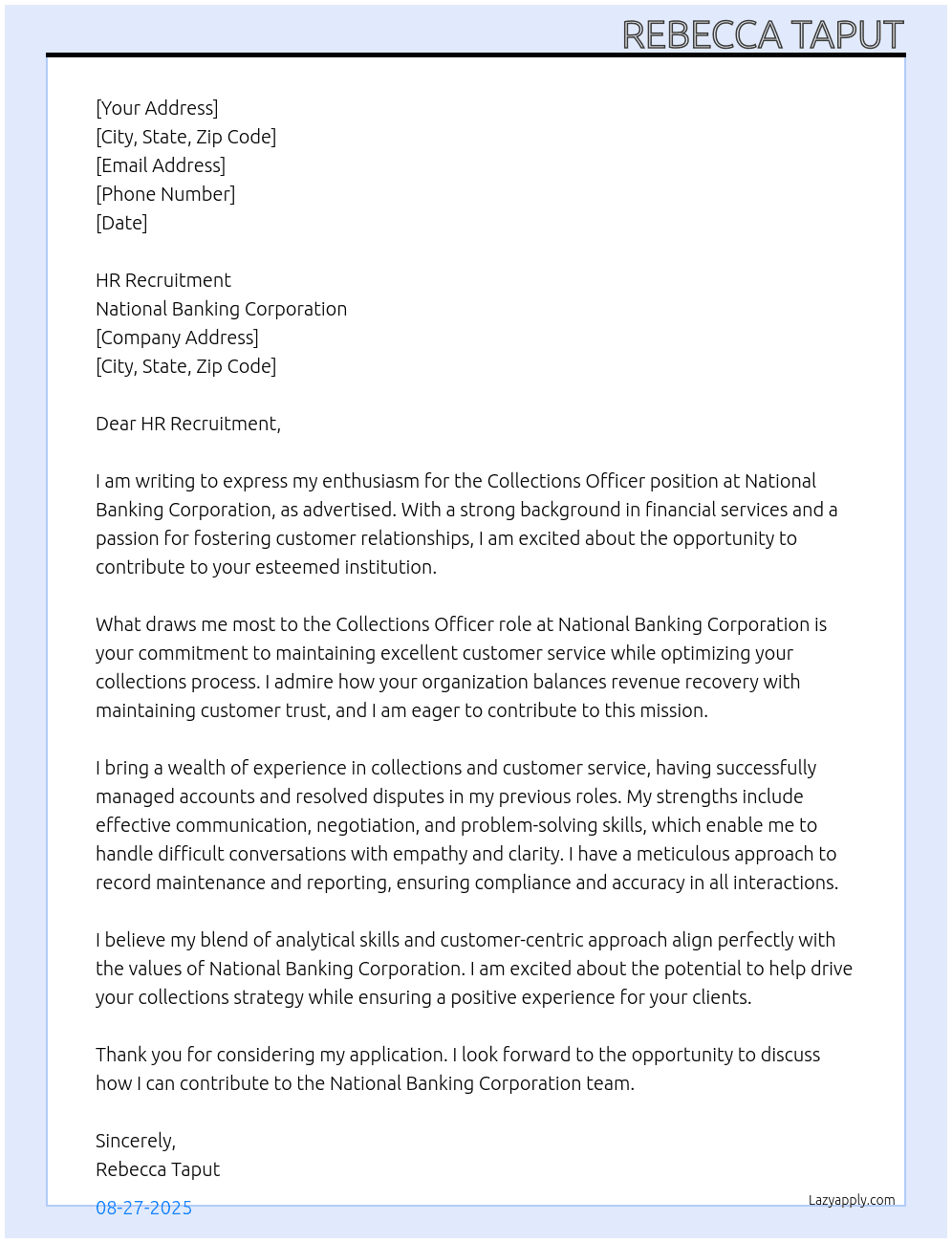 Collections Officer At National Banking Corporation Cover Letter