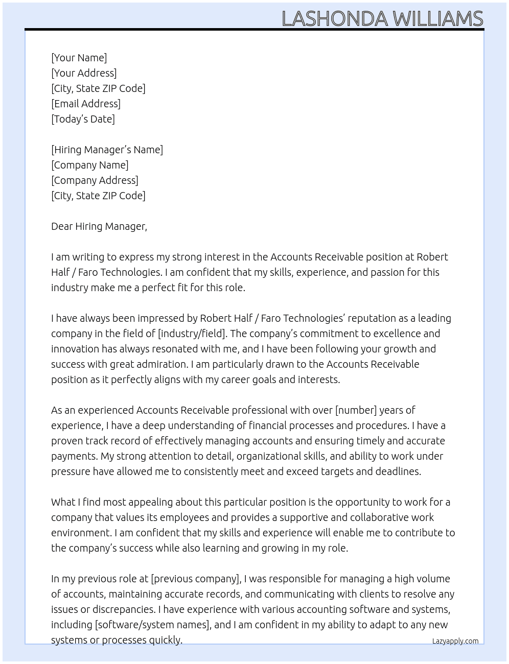 Accounts Receivable At Robert Half /Faro Technologies Cover Letter