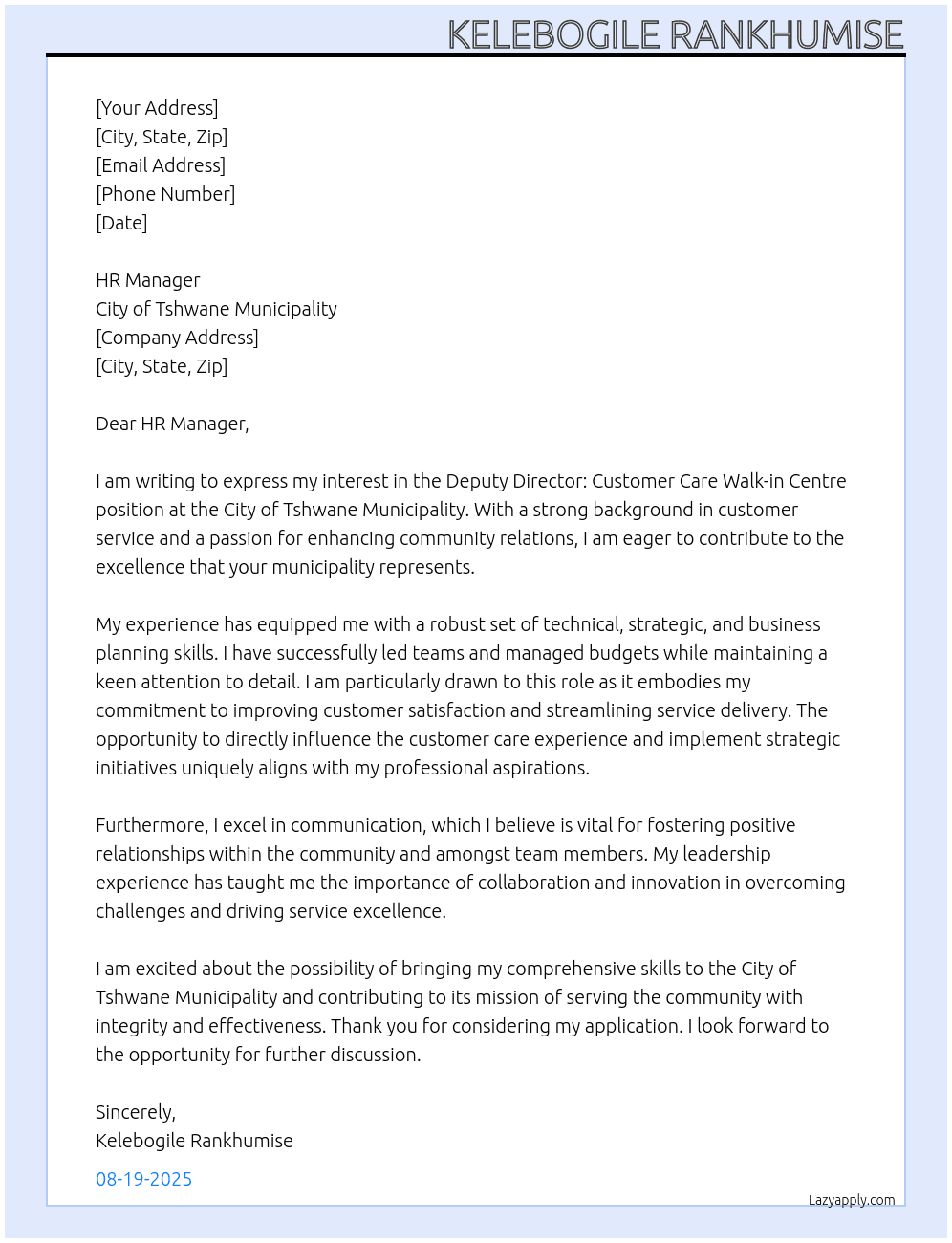 Cover letter for deputy director: customer care walk-in centre - LazyApply