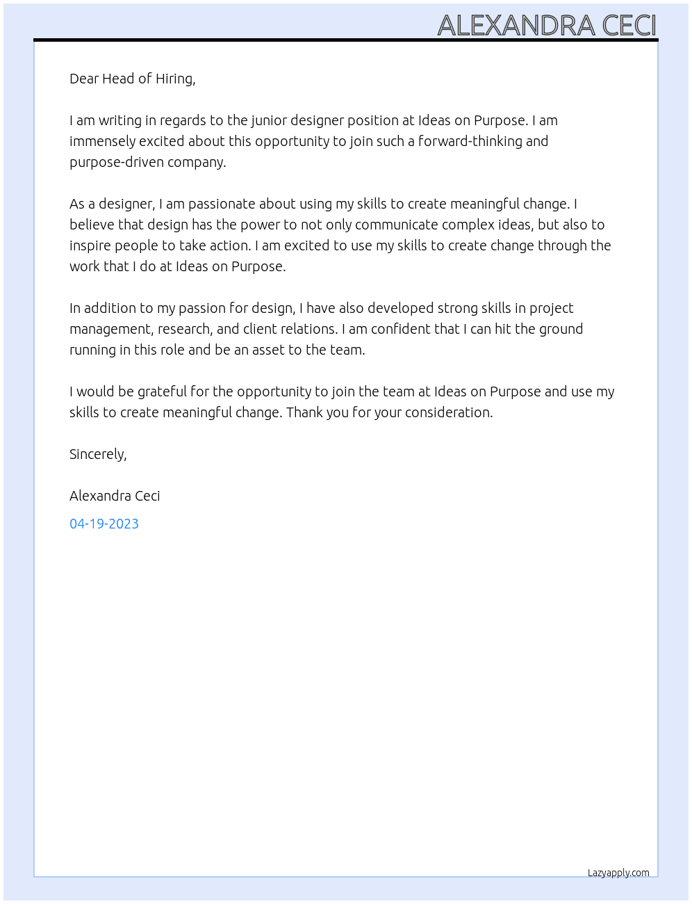 junior designer At Ideas on Purpose Cover Letter
