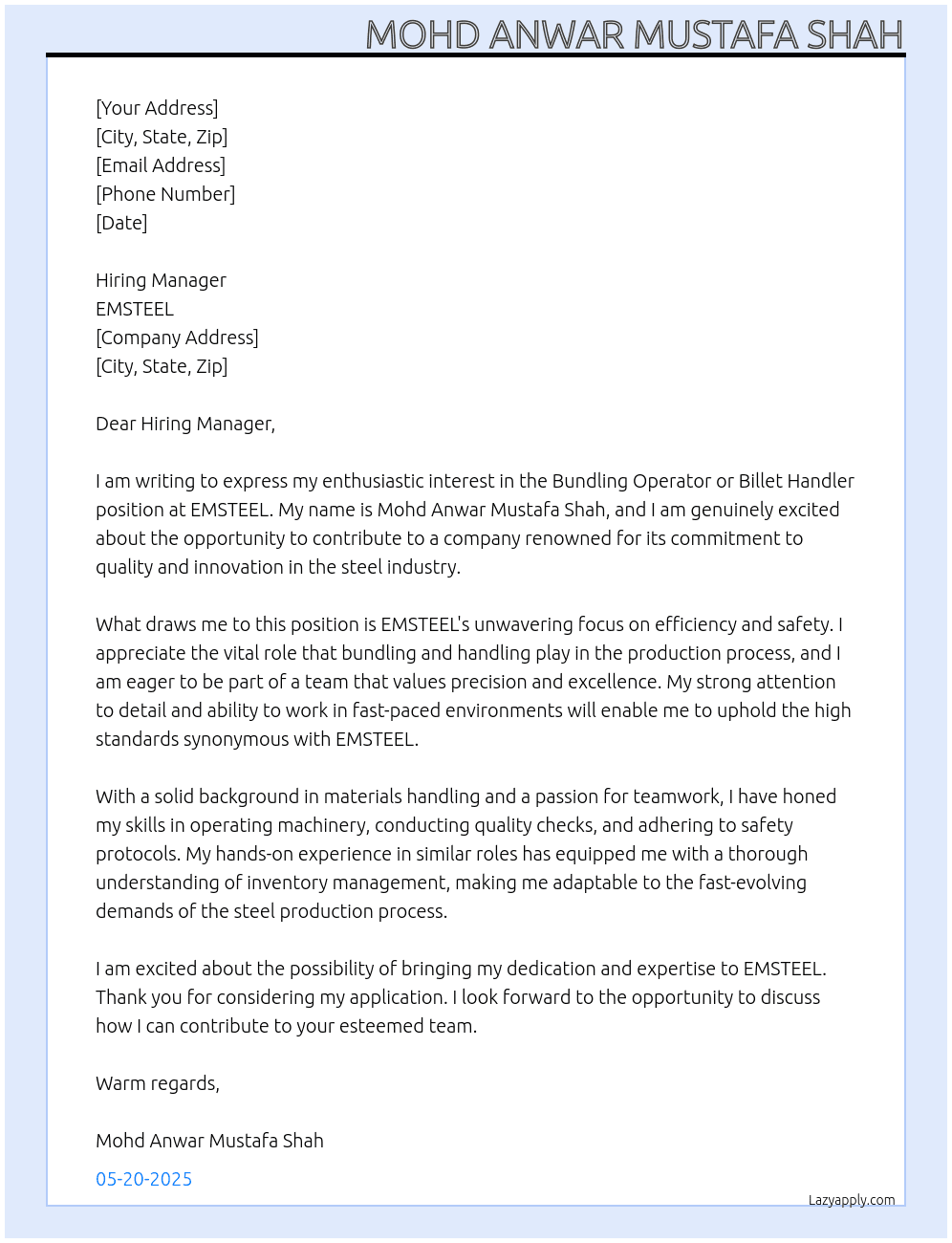 Bundling Operater Or Billet Handler At EMSTEEL  Cover Letter