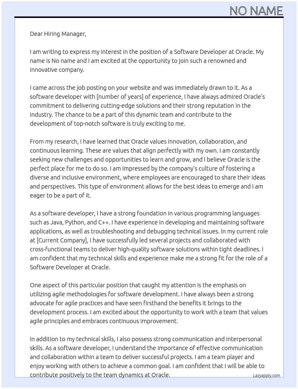 Software developer  At Orcale Cover Letter