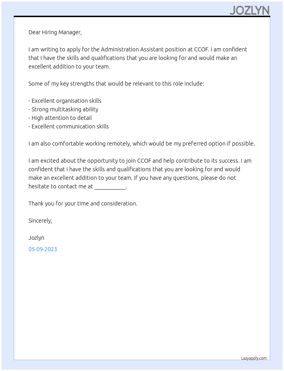 Administration Assistance  At CCOF Cover Letter